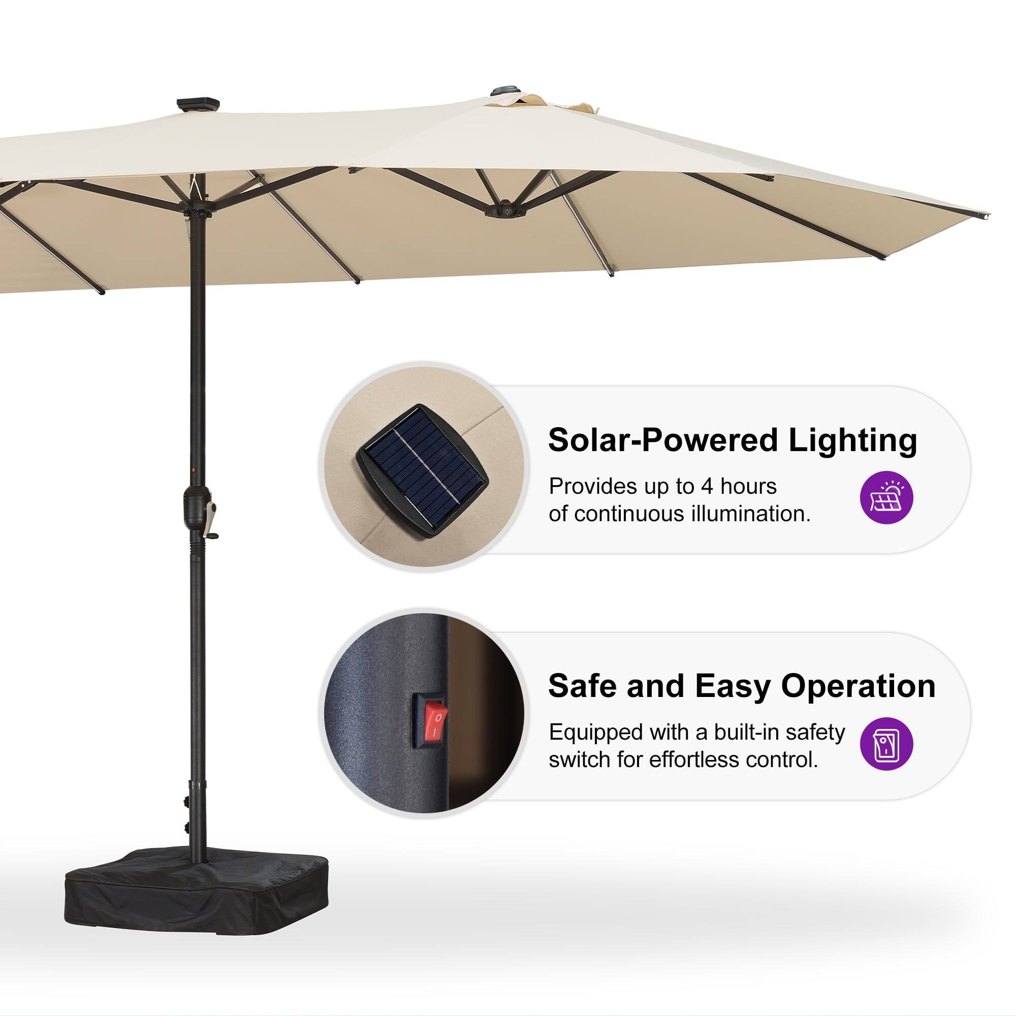 Solar-Powered Lighting  
Provides up to 4 hours of continuous illumination.

Safe and Easy Operation  
Equipped with a built-in safety switch for effortless control.