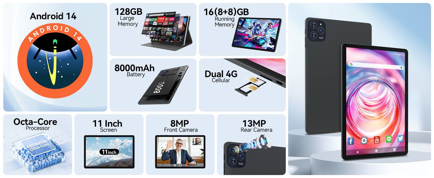 - Android 14
- 128GB Large Memory
- 16GB (8+8) Running Memory
- 8000mAh Battery
- Dual 4G Cellular
- Octa-Core Processor
- 11 Inch Screen
- 8MP Front Camera
- 13MP Rear Camera