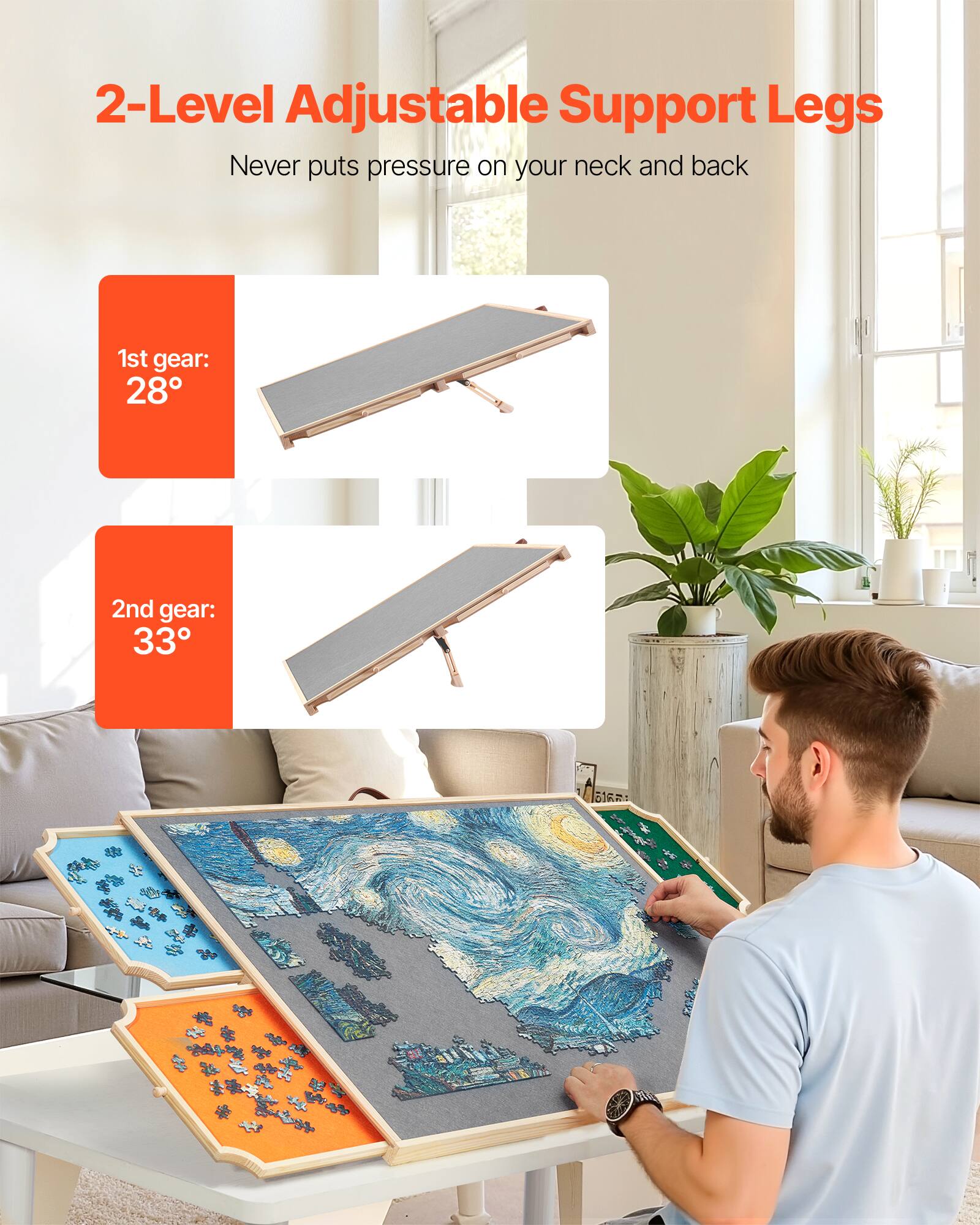 2-Level Adjustable Support Legs
Never puts pressure on your neck and back
1st gear: 28°
2nd gear: 33°