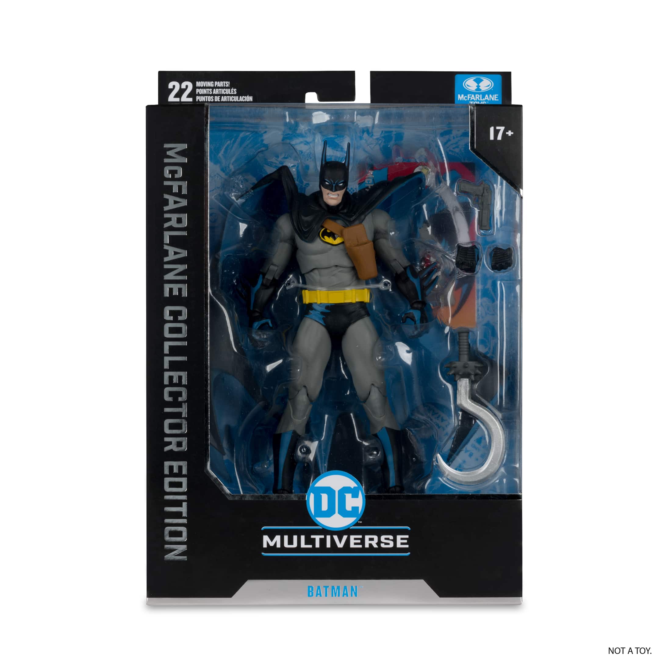 The text on the image is grouped and corrected as follows:
"McFarlane Collector Edition DC Multiverse Batman. Not a toy."