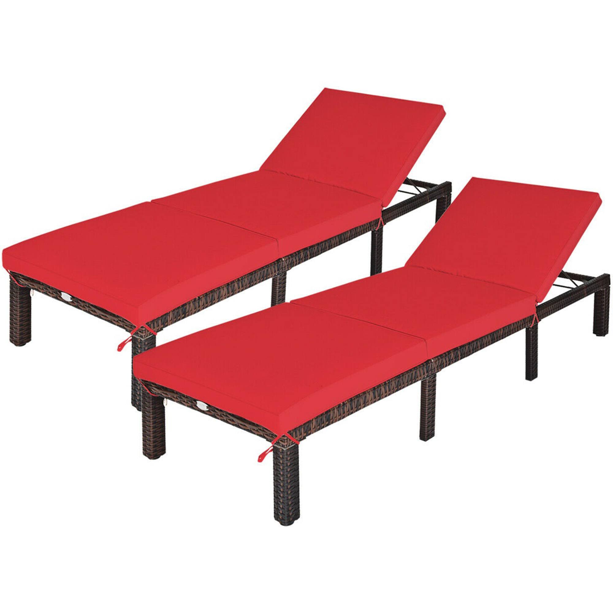 Alt View 2. Gymax - Gymax 2PCS Adjustable Patio Rattan Chaise Lounge Chair Recliner Outdoor w/ Red Cushion - Brown.