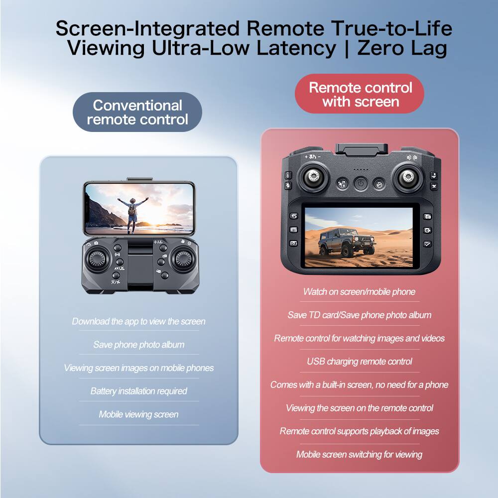 Screen-Integrated Remote True-to-Life Viewing Ultra-Low Latency | Zero Lag

Conventional remote control
- Download the app to view the screen
- Save phone photo album
- Viewing screen images on mobile phones
- Battery installation required
- Mobile viewing screen

Remote control with screen
- Watch on screen/mobile phone
- Save TD card/Save phone photo album
- Remote control for watching images and videos
- USB charging remote control
- Comes with a built-in screen, no need for a phone
- Viewing the screen on the remote control
- Remote control supports playback of images
- Mobile screen switching for viewing