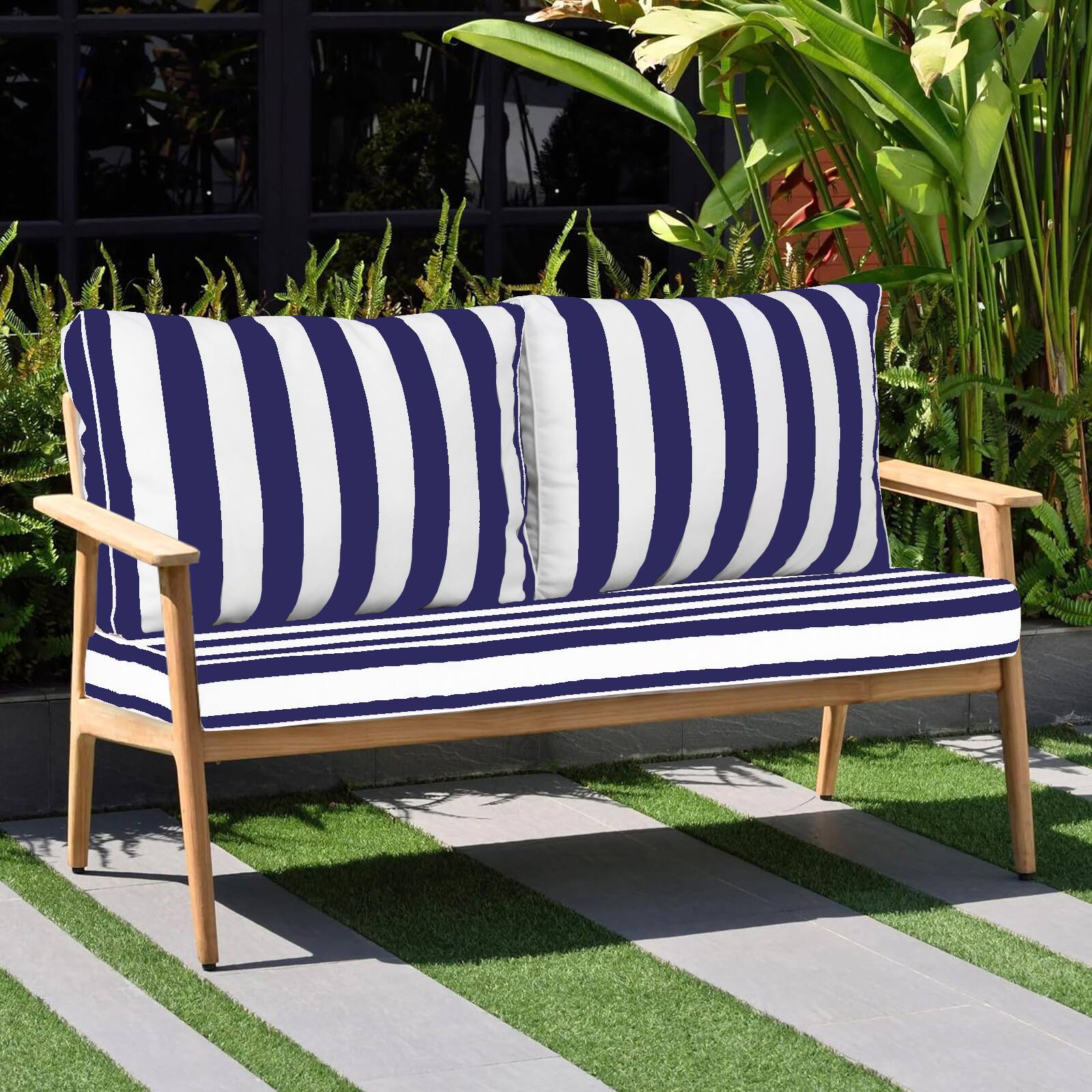 Alt View 1. Chateau Abodes - 48"x24" Outdoor Loveseat Cushion Set, Waterproof with Removable Cover, Straps & Zipper for Patio Chair, Sofa & Couch - Blue and White Stripes.