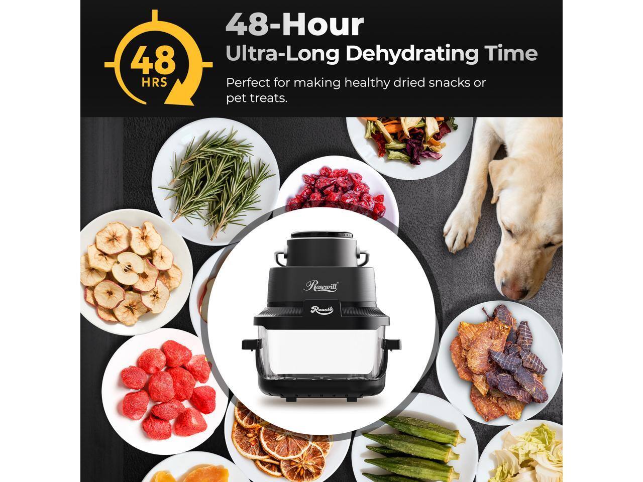 48-Hour Ultra-Long Dehydrating Time  
Perfect for making healthy dried snacks or pet treats.  
Roscwill Roast