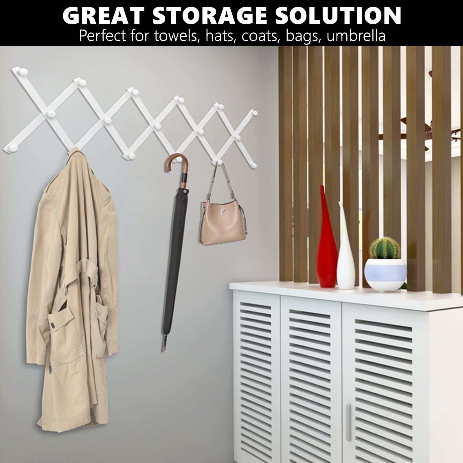 GREAT STORAGE SOLUTION  
Perfect for towels, hats, coats, bags, umbrella