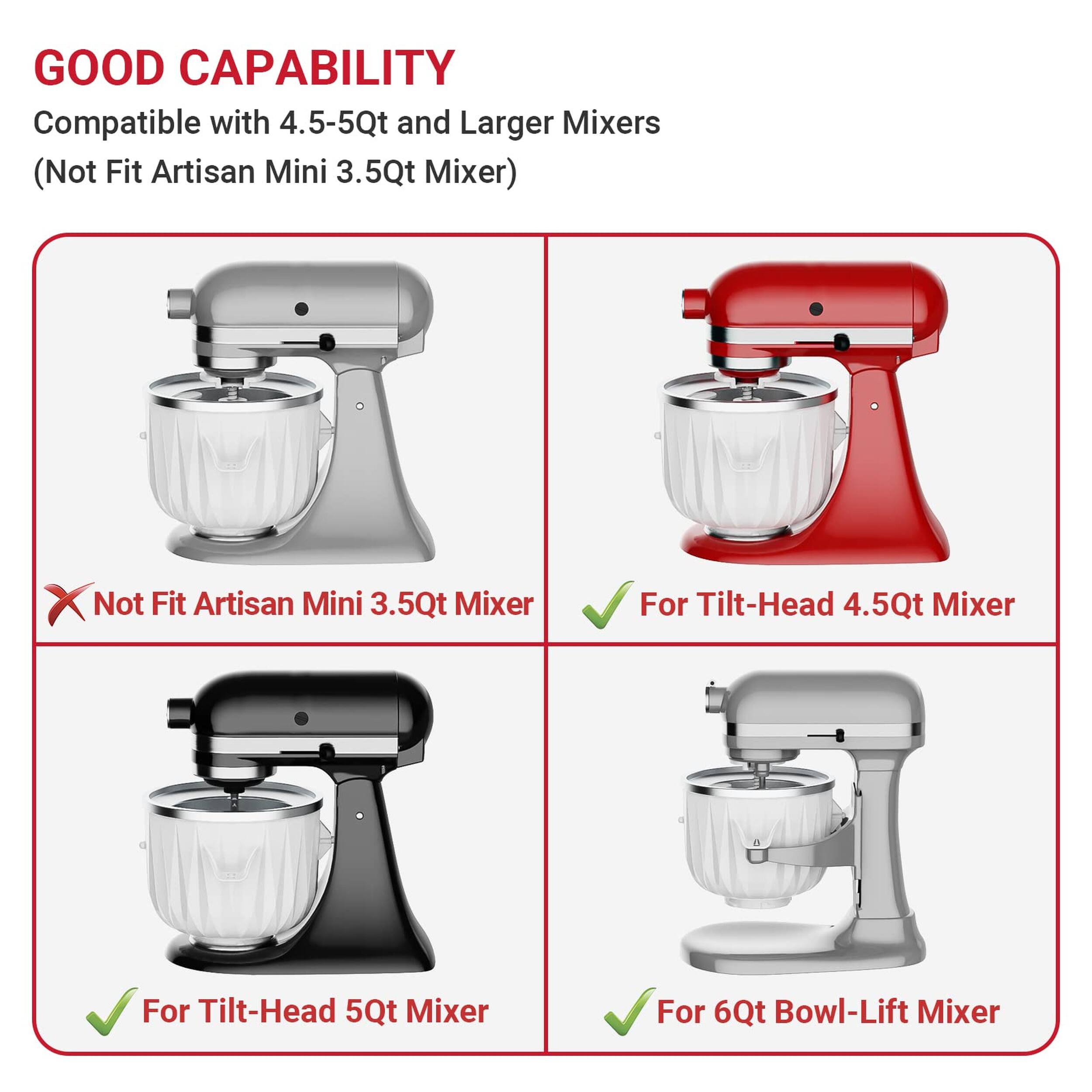 GOOD CAPABILITY  
Compatible with 4.5-5Qt and Larger Mixers (Not Fit Artisan Mini 3.5Qt Mixer)  
Not Fit Artisan Mini 3.5Qt Mixer  
For Tilt-Head 4.5Qt Mixer  
For Tilt-Head 5Qt Mixer  
For 6Qt Bowl-Lift Mixer