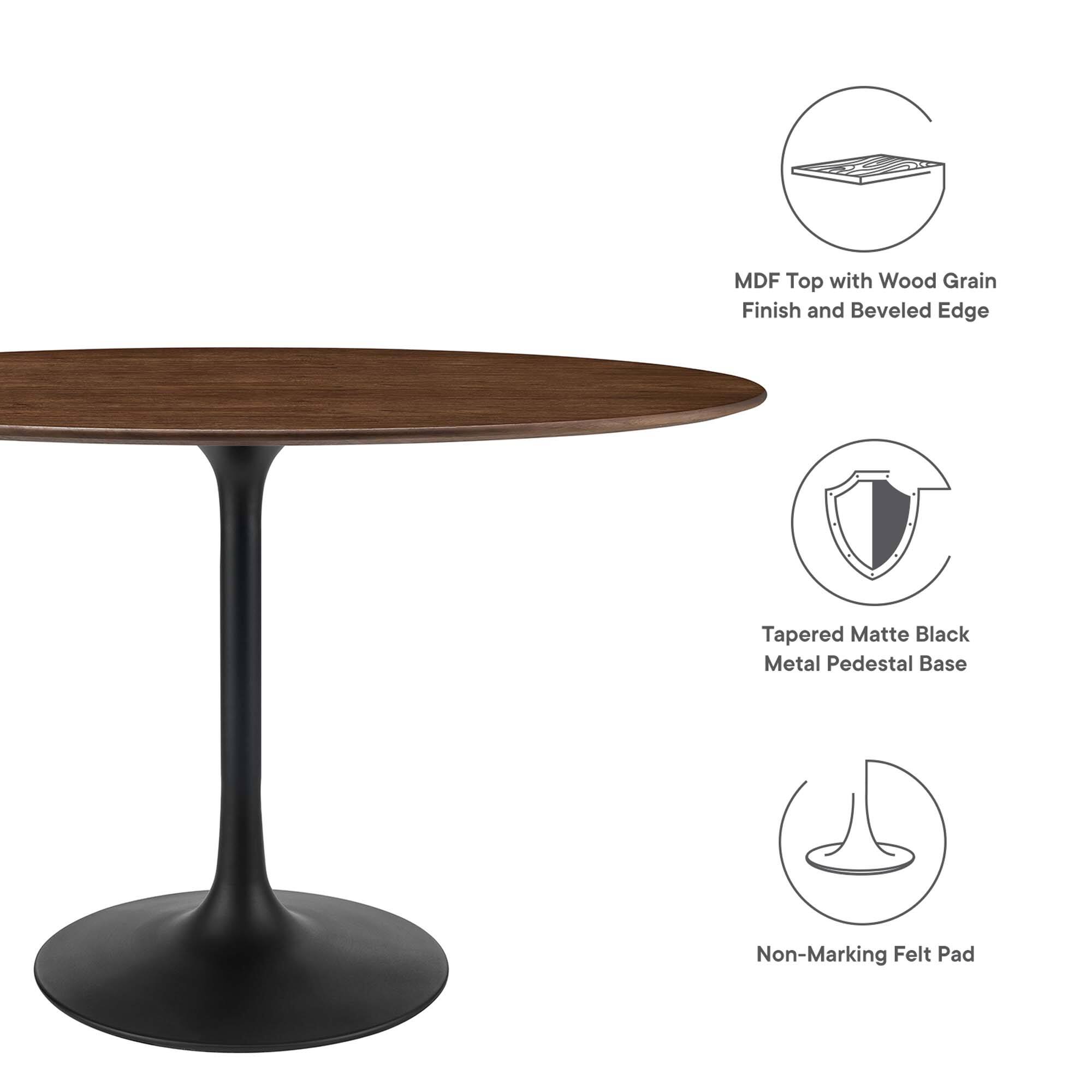 MDF Top with Wood Grain Finish and Beveled Edge  
Tapered Matte Black Metal Pedestal Base  
Non-Marking Felt Pad