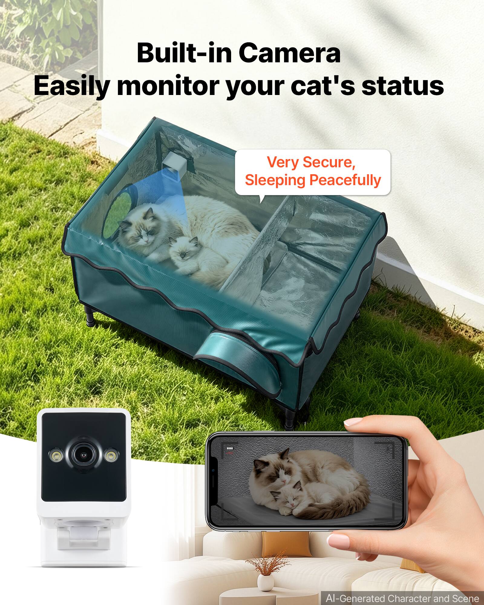 Built-in Camera  
Easily monitor your cat's status  

Very Secure, Sleeping Peacefully  

AI-Generated Character and Scene