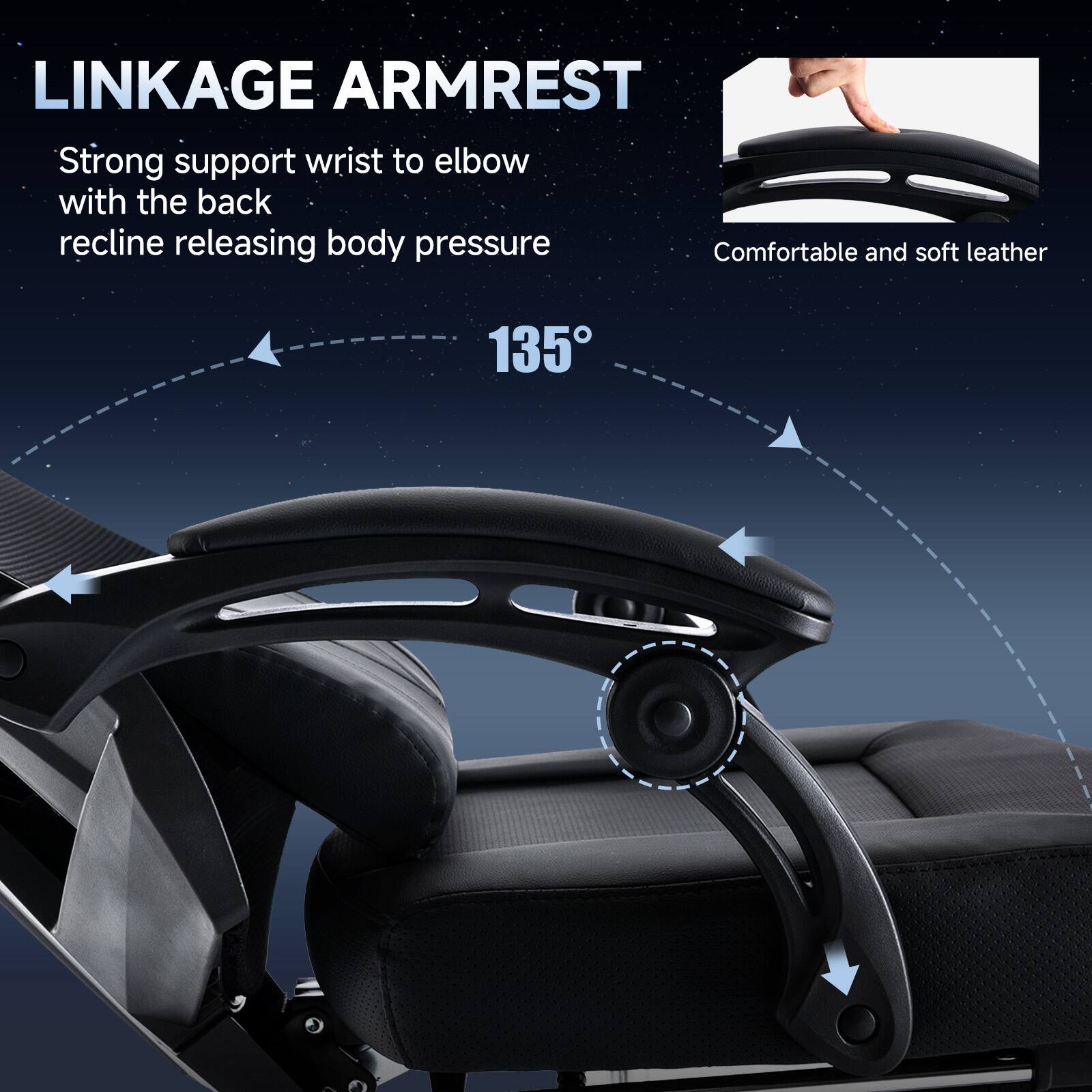 The text on the image reads "LINKAGE ARMREST Strong support wrist to elbow with the back recline releasing body pressure Comfortable and soft leather 135".
