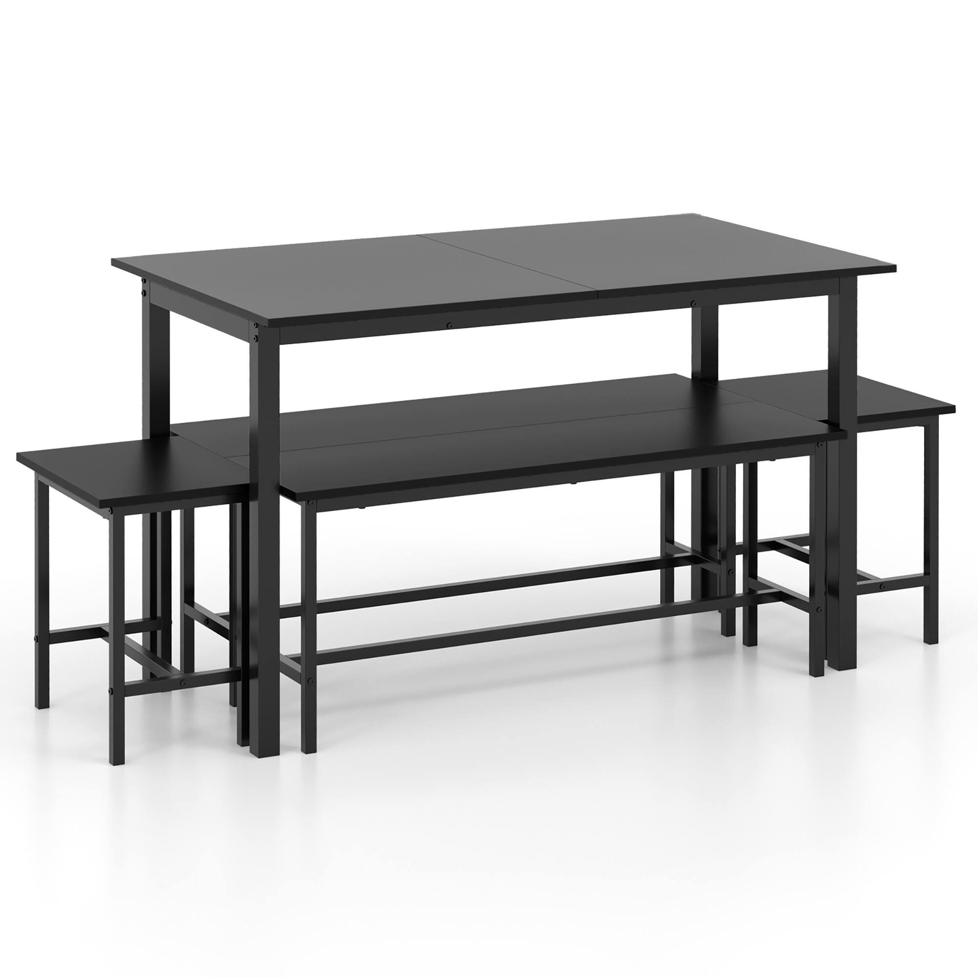 Alt View 9. Gymax - Gymax 5 PCS Dining Table Set for 4-6 w/ 2 Benches & 2 Stools Metal Frame Dining Room Black - Black.
