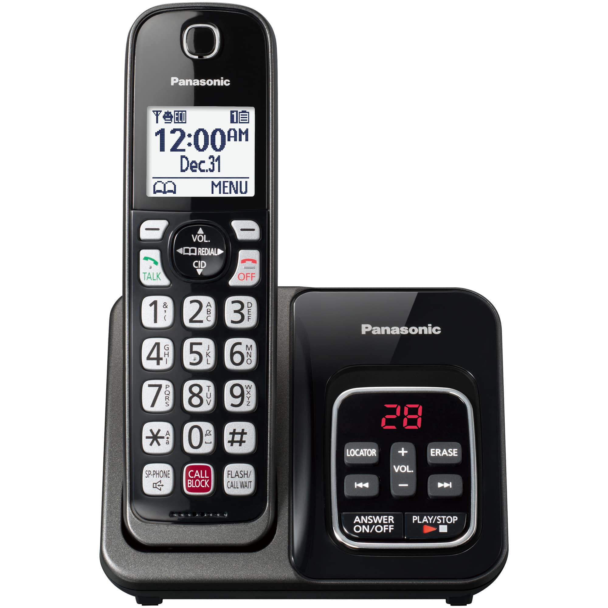 Panasonic is the brand of the phone and the clock shown in the image. The clock displays the time as 12:00 AM on December 31st. The phone has a menu option, which can be accessed by pressing the "Menu" button. The phone also has a "Talk" button for making calls, and a "Redial" button for redialing the last number called. Additionally, there are buttons for volume control, and a "Locator" feature for finding lost items. The phone also has a "Call Block" feature for blocking unwanted calls, and a "Flash/Call Mait" button for flashing the screen or making a call.