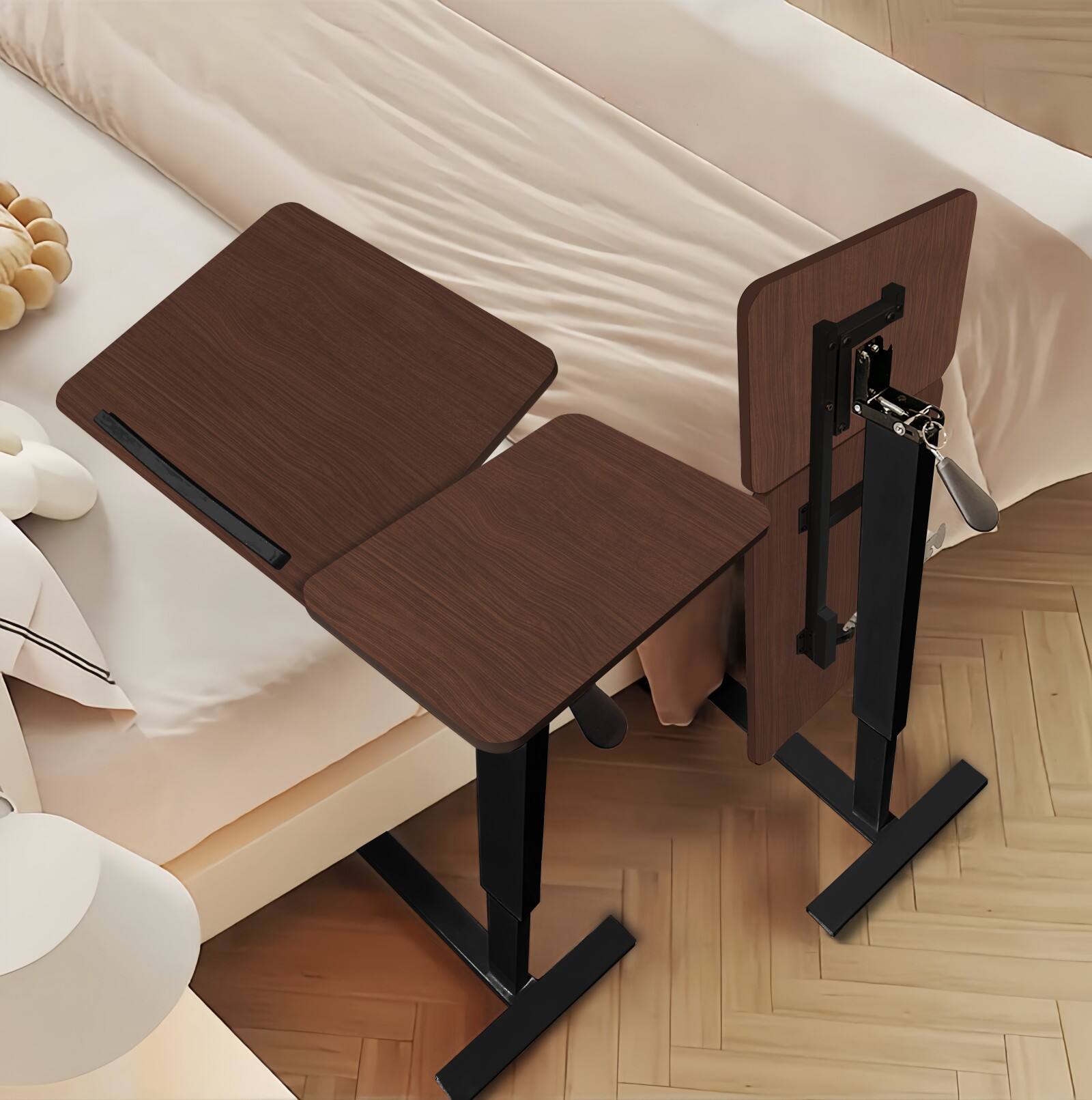 Alt View 1. Ecooso - Folding Adjustable Over Bed Table with Wheels and Height Customization for Reading, Working, or Dining - Walnut+black.