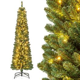 Gymax - 6 FT Pencil Christmas Tree w/392 Memory Wire Branch Tips 140 LED Lights for Home - Green