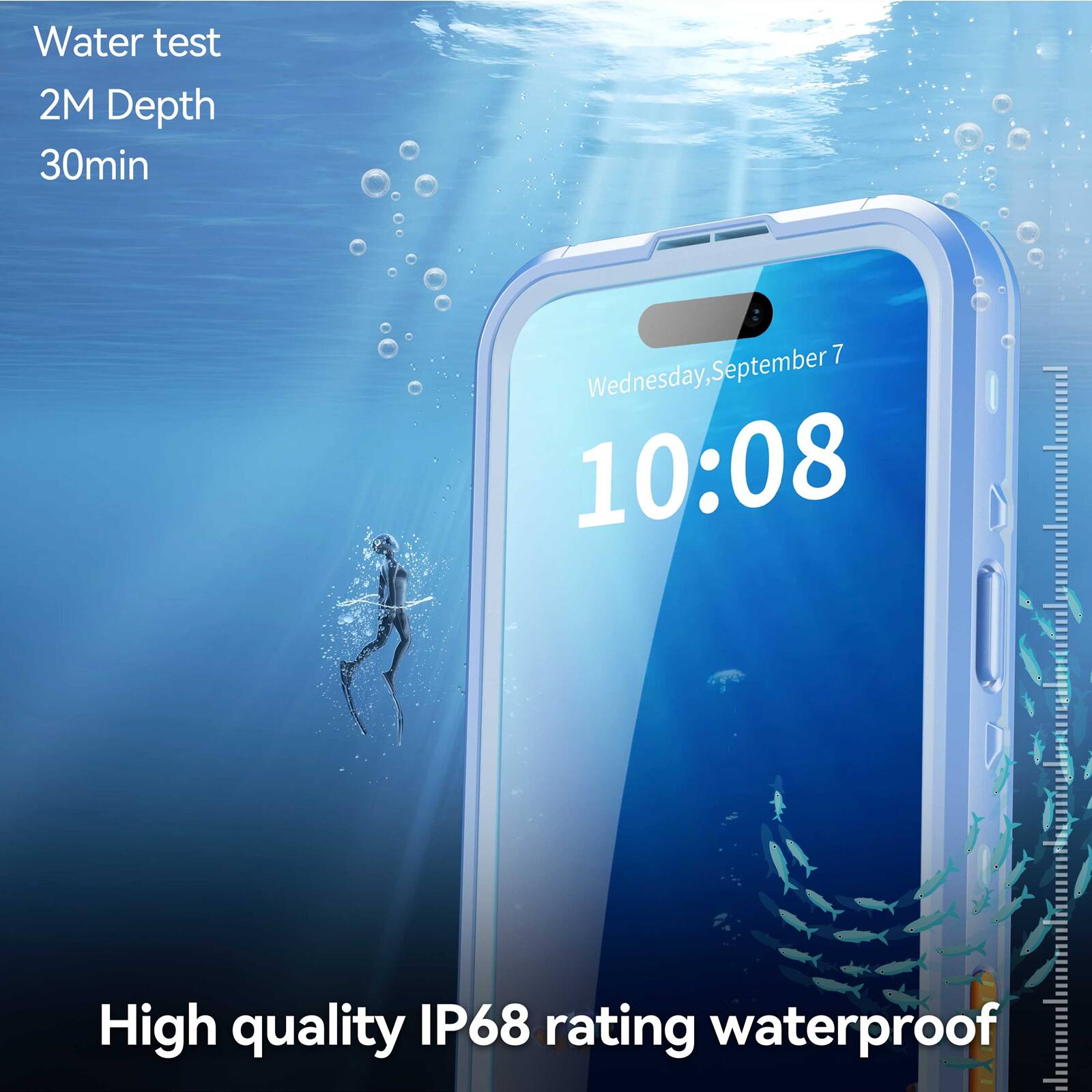 Water test  
2M Depth  
30min  

Wednesday, September 7  
10:08  

High quality IP68 rating waterproof