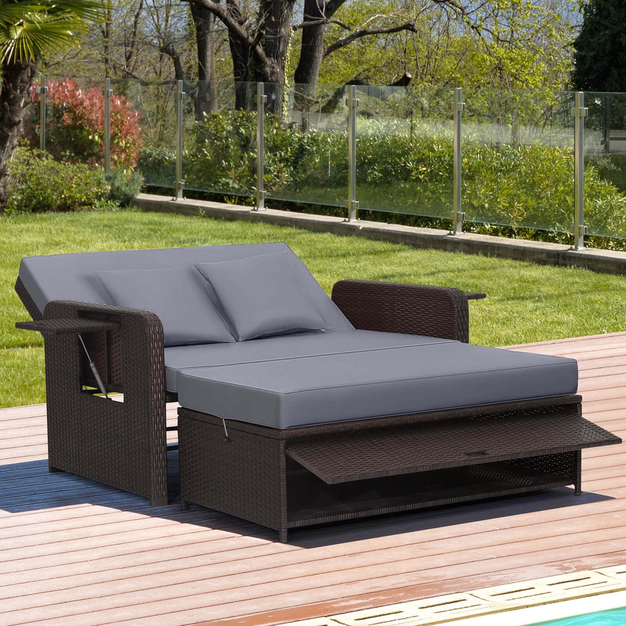 Alt View 3. Costway - Patio Rattan Loveseat Set Daybed Lounge Storage Ottoman Side Tables Adjust - Gray + Mix Brown.