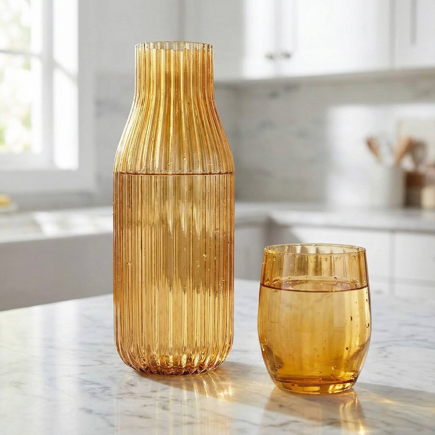 Left. Jay Import - Amber Ribbed Glass Carafe Set 38.89 OZ. - Amber.