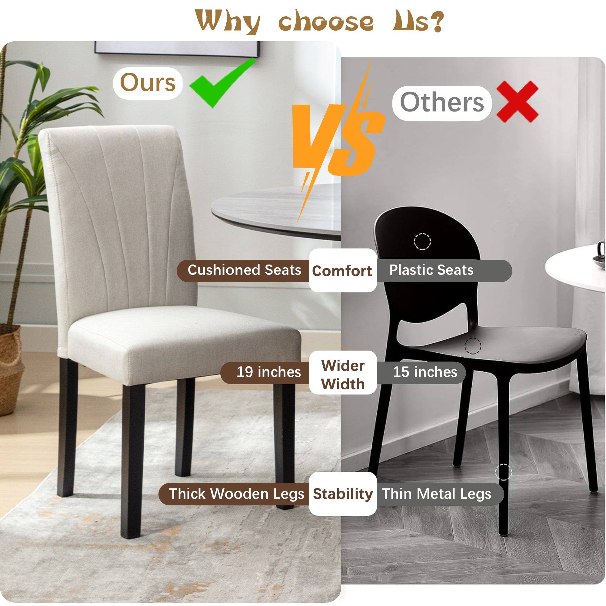 Why choose Us?

**Ours**  
- Cushioned Seats  
- 19 inches Width  
- Thick Wooden Legs  
- Comfort  
- Stability  

**Others**  
- Plastic Seats  
- 15 inches Width  
- Thin Metal Legs