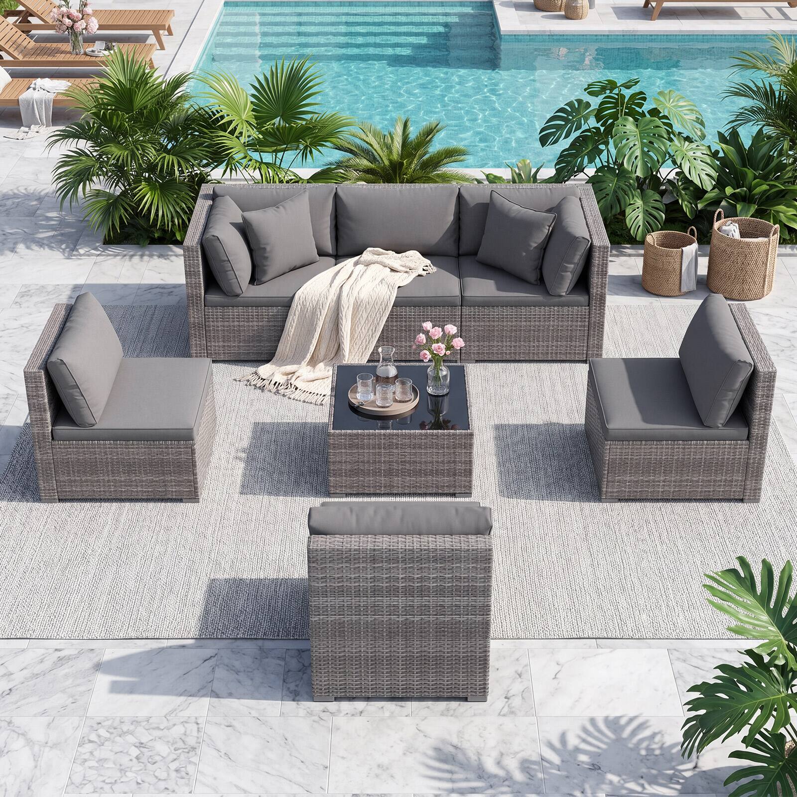 Alt View 5. Costway - 7PCS Patio Rattan Furniture Set Sectional Sofa Cushioned Garden - Gray.