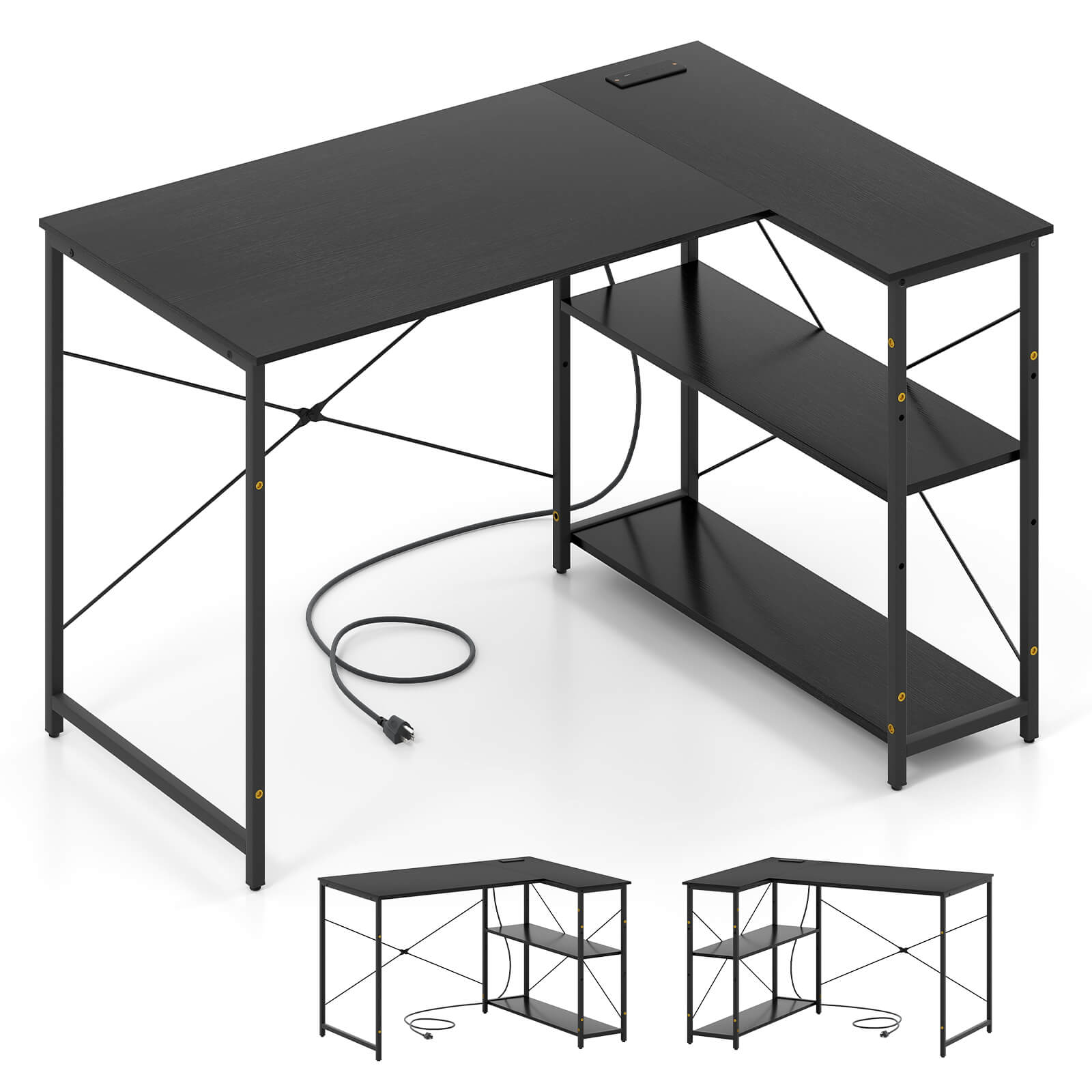 Angle. Costway - Costway L-Shaped Computer Desk with Power Outlets Adjustable shelf Heavy-Duty Metal Frame Black - Black.