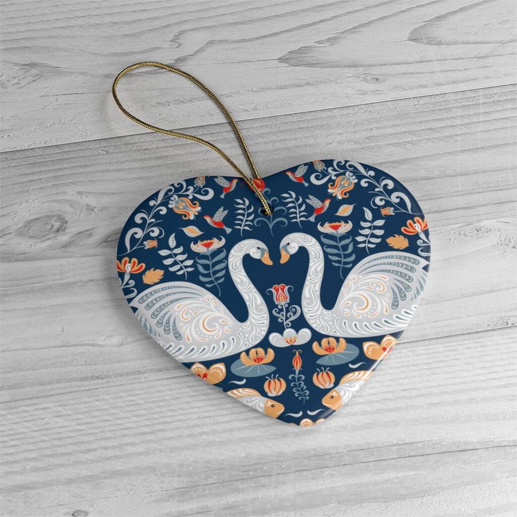 Back. OrnamentallyYou - Scandinavian Zen Pond Christmas Ornament Heart Version - Multi-colored.