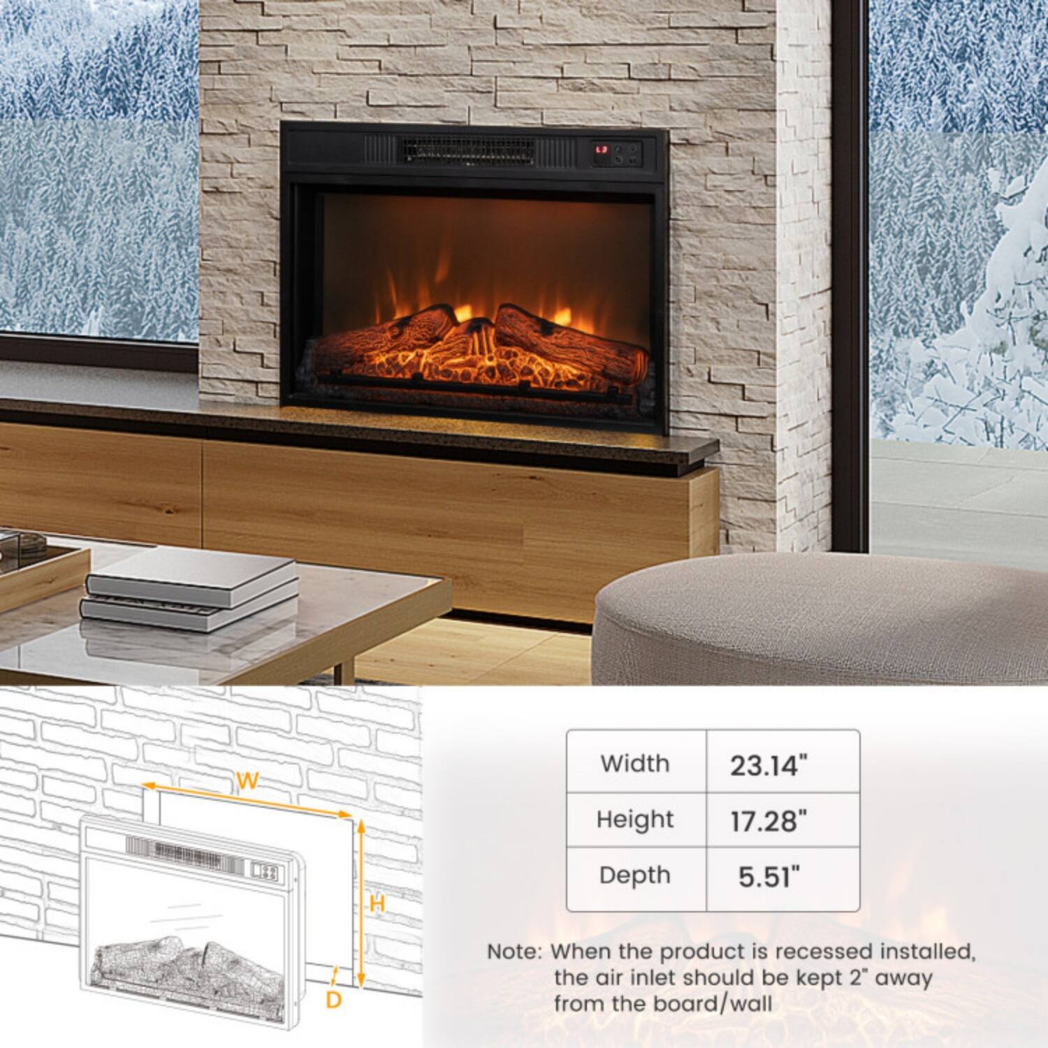 Width: 23.14"  
Height: 17.28"  
Depth: 5.51"  

Note: When the product is recessed installed, the air inlet should be kept 2" away from the board/wall.