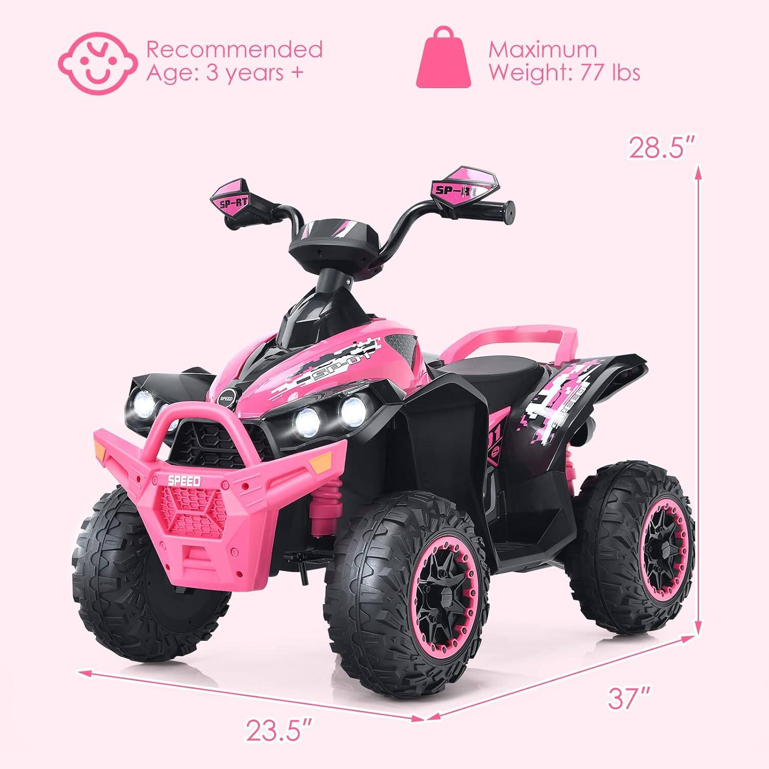 Recommended Age: 3 years +  
Maximum Weight: 77 lbs  

28.5"  
37"  
23.5"