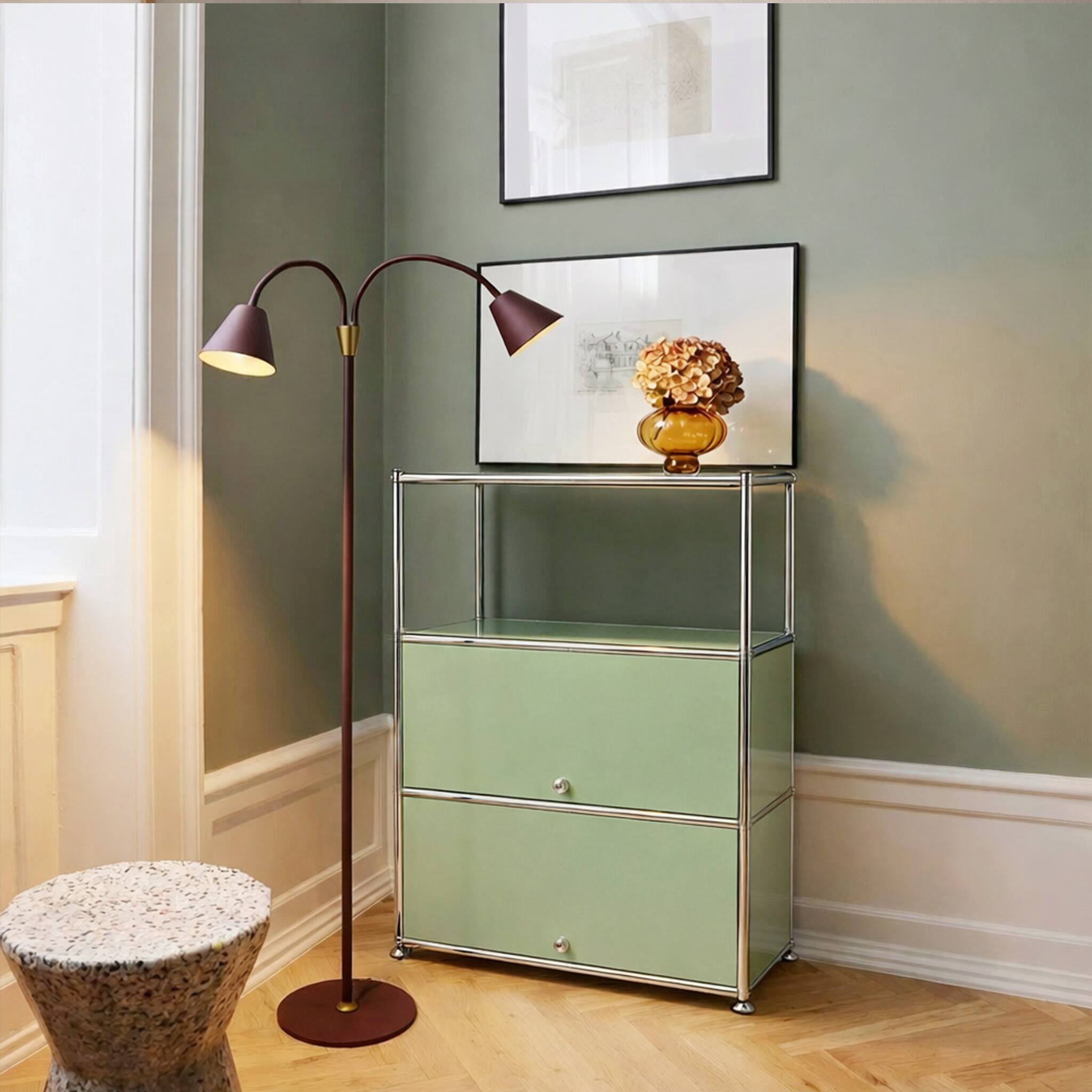 Alt View 1. Malletson - 3-Tier Metal Sideboard Buffet Storage Cabinet Modern Grid-Style, for Dining Room, Living Room or Office - Green.