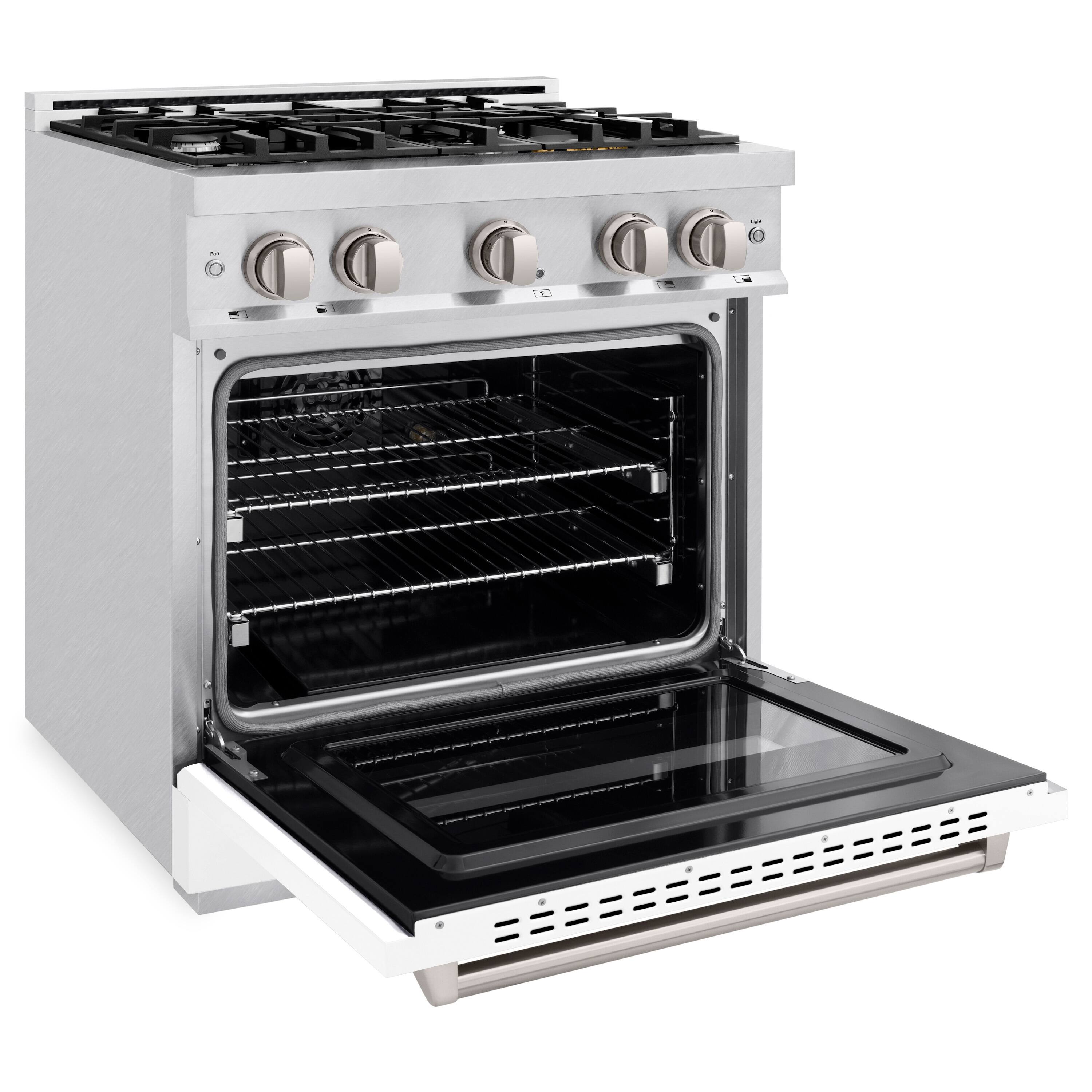 Left. ZLINE - ZLINE 30 in. Classic Dual Fuel Satin Steel Stainless Range with 4 Burners (CDRS-WM-30) - White Matte.