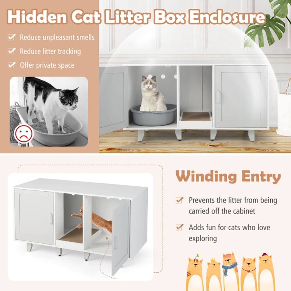Hidden Cat Litter Box Enclosure

- Reduce unpleasant smells
- Reduce litter tracking
- Offer private space

Winding Entry

- Prevents the litter from being carried off the cabinet
- Adds fun for cats who love exploring