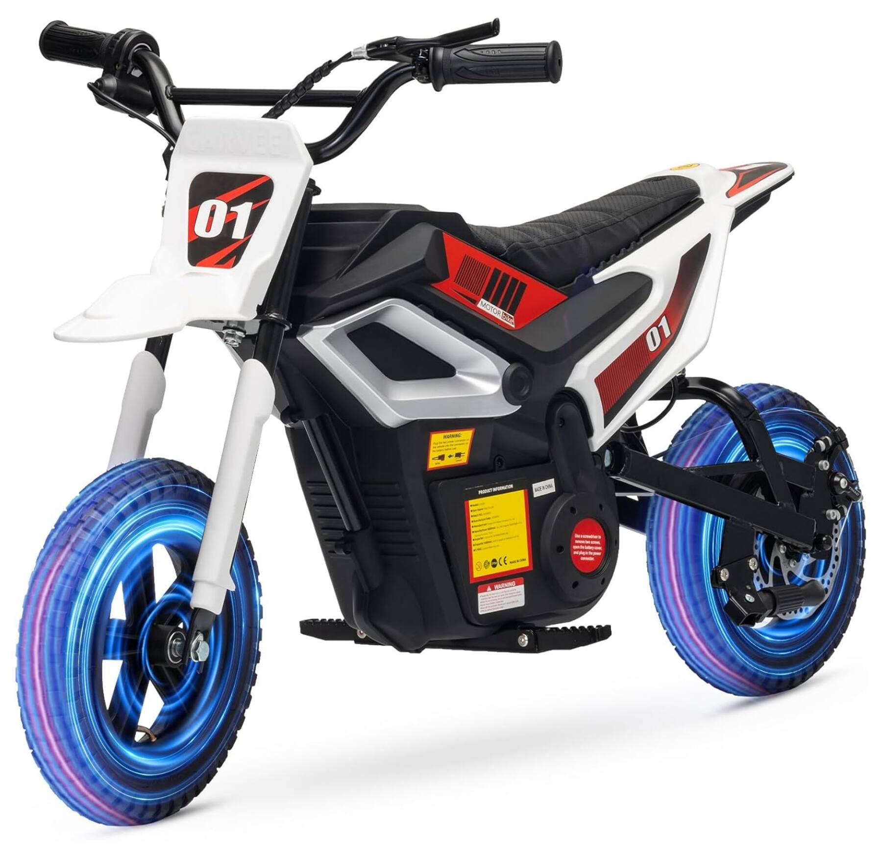 GARVEE- 24V 350w Kids Electric Dirt Bike, 13.67 MPH Ride-on Motorcycle with Rear Suspension, Twist Grip Throttle & Leather Seat- White