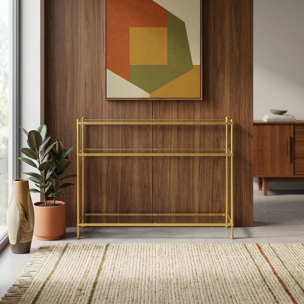 Alt View 2. FurniFact - Glass console table with three tiers, modern design for versatile use - Glass/Gold.