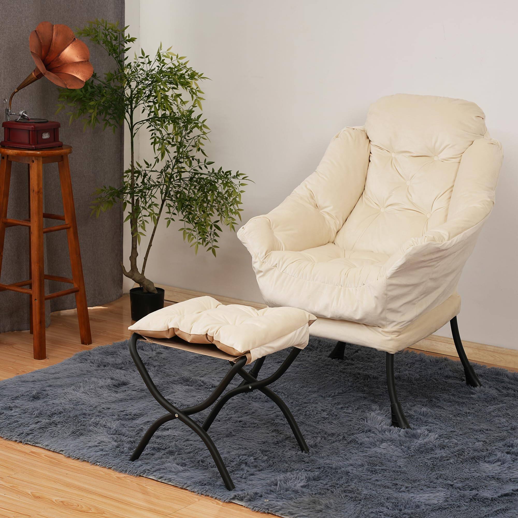 Left. JETRANSPORT - Lazy Chair With Folding Ottoman Living Room Chairs Accent Contemporary Lounge Single Steel Frame Leisure So... - White.