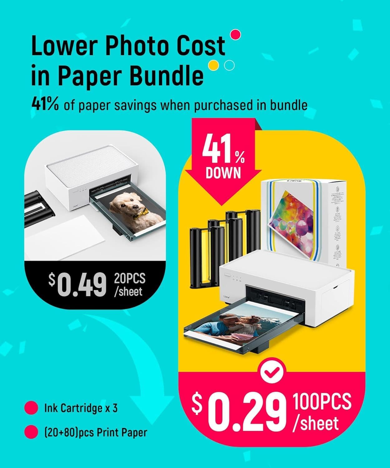 Lower Photo Cost in Paper Bundle
41% of paper savings when purchased in bundle
41% DOWN
20PCS $0.49 /sheet
Ink Cartridge x 3 (20+80)pcs Print Paper
$100PCS $0.29 /sheet
