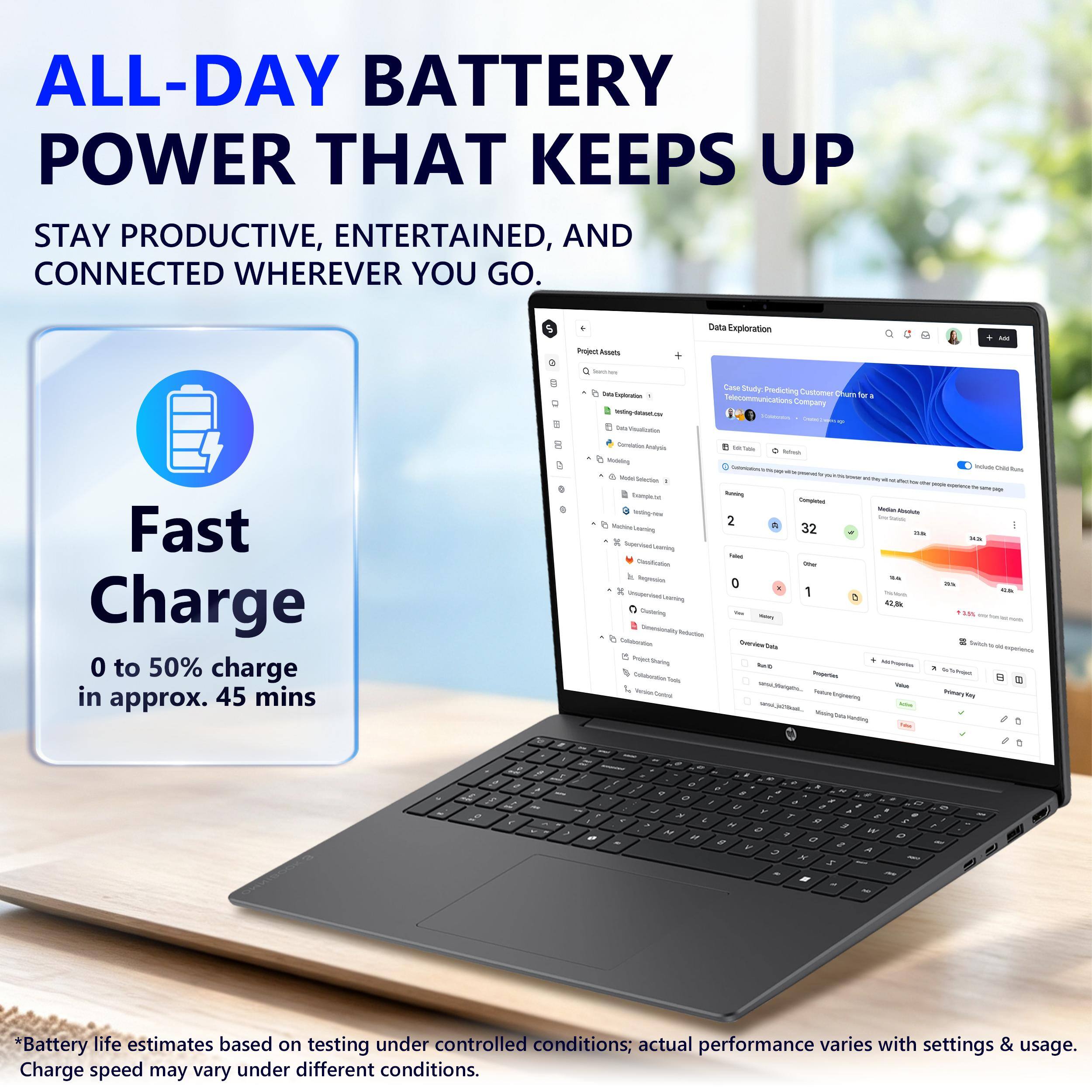 ALL-DAY BATTERY POWER THAT KEEPS UP  
STAY PRODUCTIVE, ENTERTAINED, AND CONNECTED WHEREVER YOU GO.

Fast Charge  
0 to 50% charge in approx. 45 mins

*Battery life estimates based on testing under controlled conditions; actual performance varies with settings & usage. Charge speed may vary under different conditions.