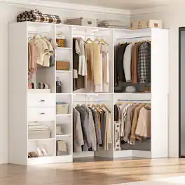 Aheaplus - 127.5'' Corner Closet Organizer System Set of 2 with Drawers, Hanging Rod and Adjustable Shelves, Reversible - White
