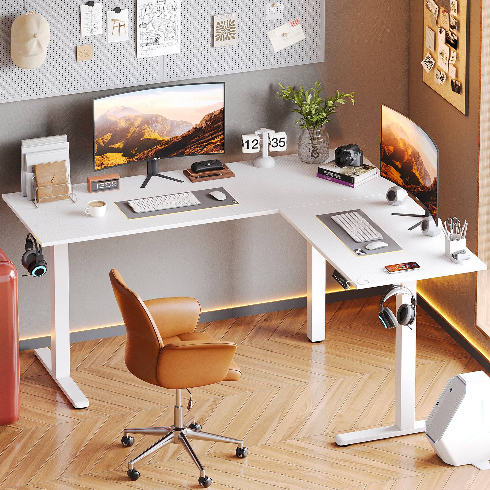 Back. Bestier - 63 inch L-Shaped Adjustable Standing Desk with Hooks, Charging Station & Power Outlet for Home Office - White Carbon Fiber.