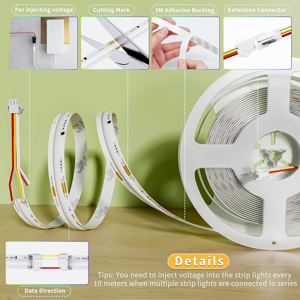 - For injecting voltage
- Cutting Mark
- 3M Adhesive Backing
- Extension Connector
- Data Direction

Details

Tips: You need to inject voltage into the strip lights every 10 meters when multiple strip lights are connected in series