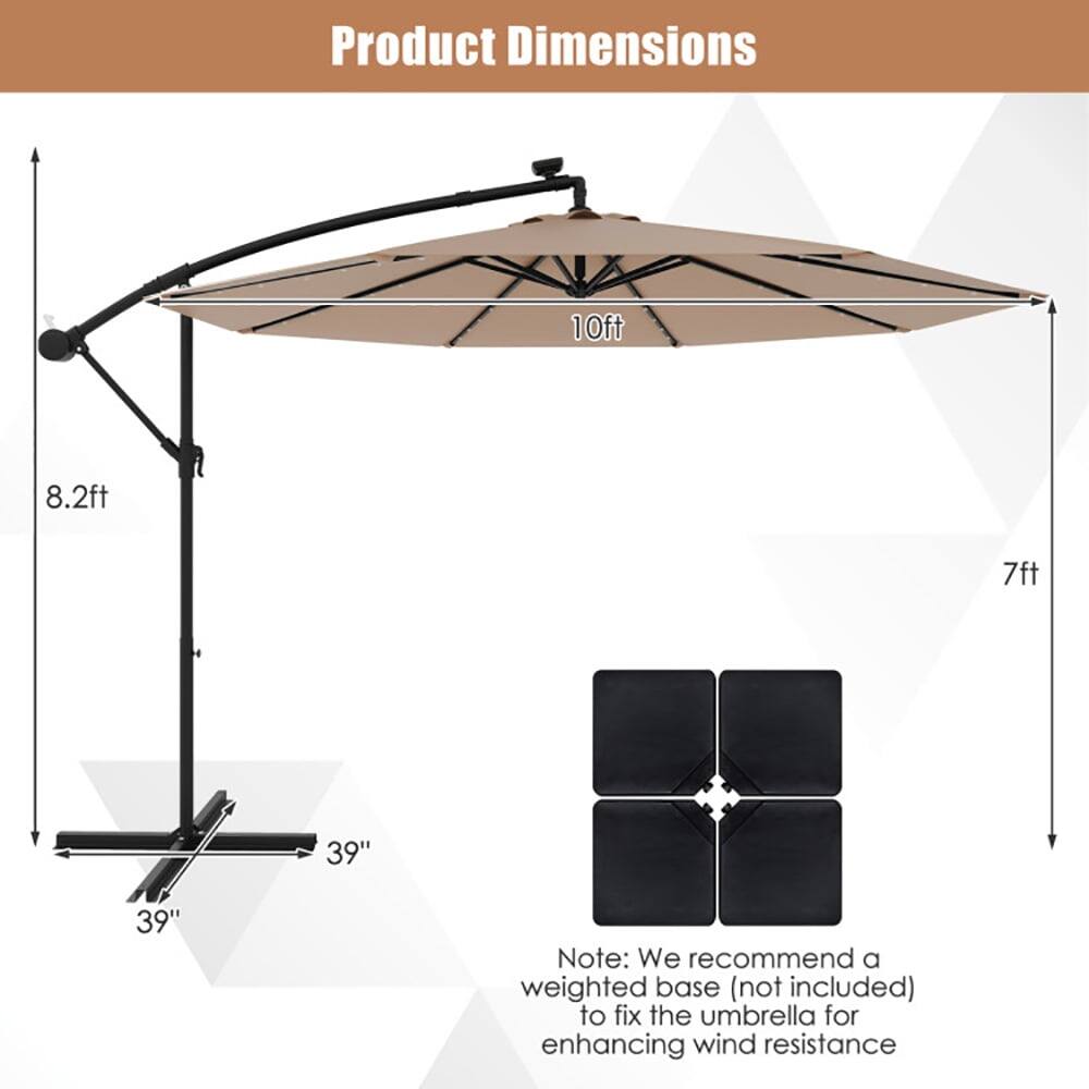 Product Dimensions: 10ft, 8.2ft, 7ft, 39", 39"

Note: We recommend a weighted base (not included) to fix the umbrella for enhancing wind resistance.