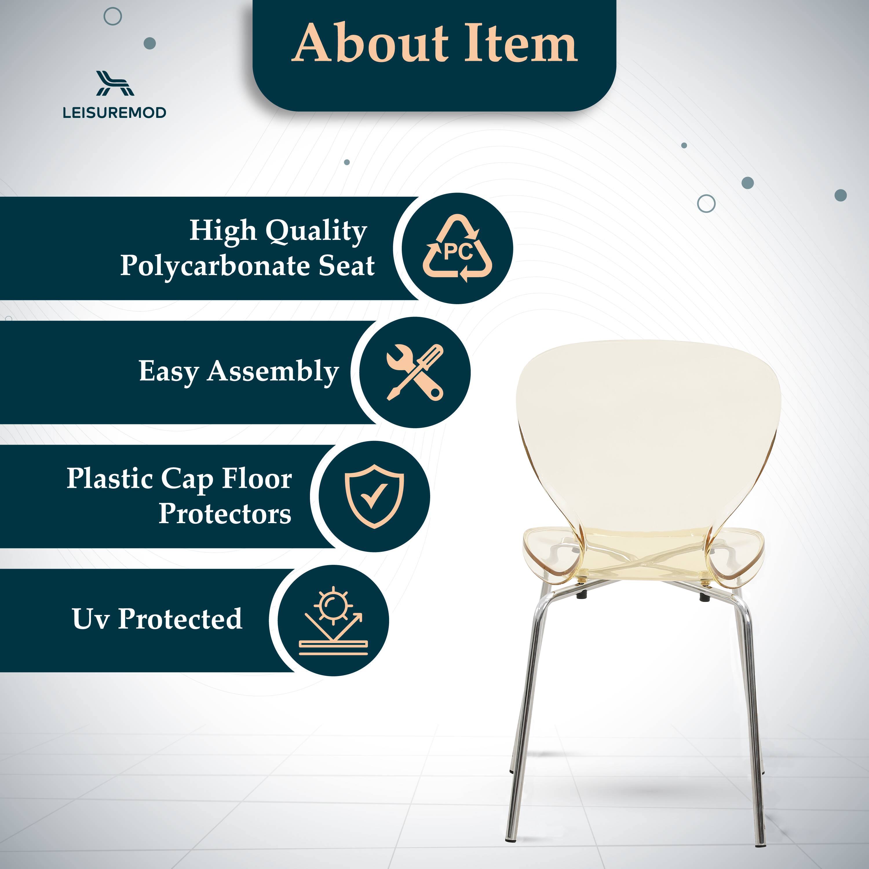 About Item

LEISUREMOD

- High Quality Polycarbonate Seat
- Easy Assembly
- Plastic Cap Floor Protectors
- UV Protected