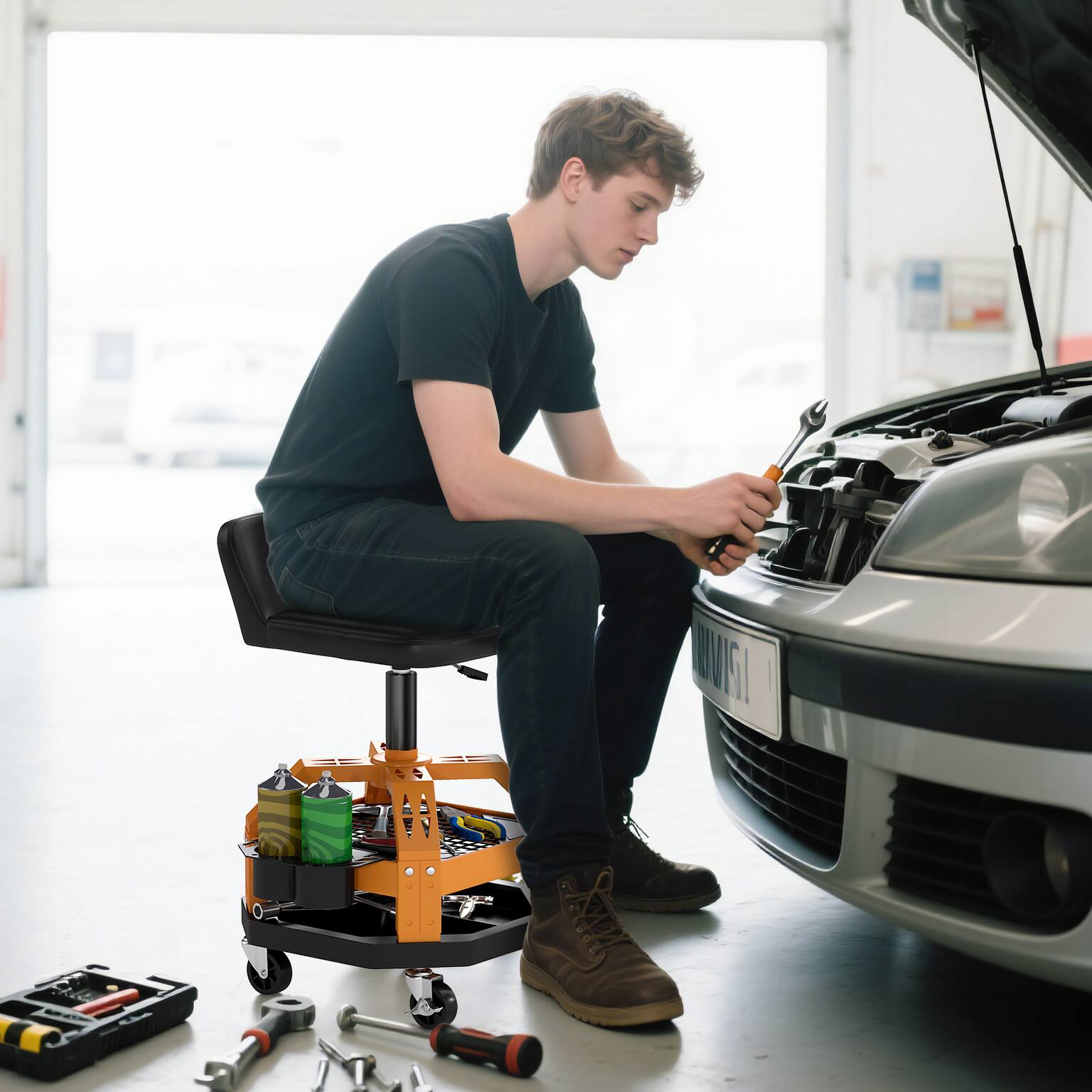 Alt View 1. Homcom - Rolling Mechanic Stool, 300 LBS Capacity Pneumatic Creeper Garage Stool with 360° Wheels, Backrest - Yellow.
