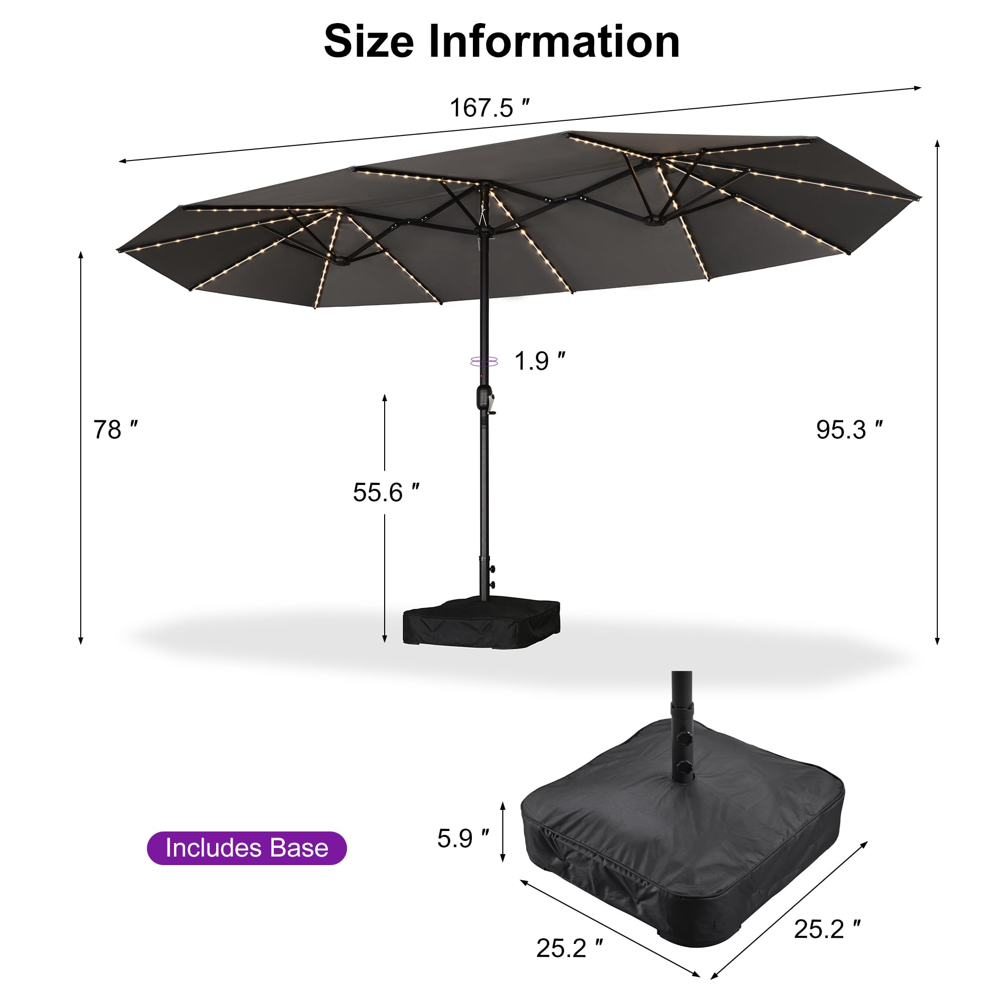 Size Information

- 167.5"
- 1.9"
- 78"
- 55.6"
- 95.3"
- Includes Base
- 5.9"
- 25.2"
- 25.2"
