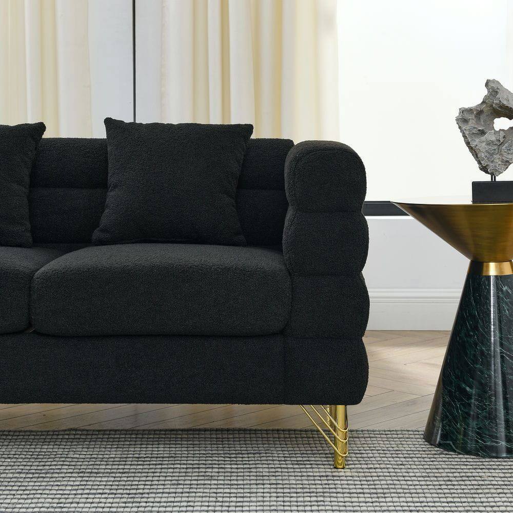 Left. Kadyn - 60" 2-Person Sectional Sofa, Plush Teddy Fabric with Deep Seating and 2 Included Accent Pillows, Black - Black.