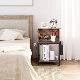 Oumilen - Nightstand with Charging Station, Industrial End Table with Open Cubby & Side Pocket - Rustic Brown