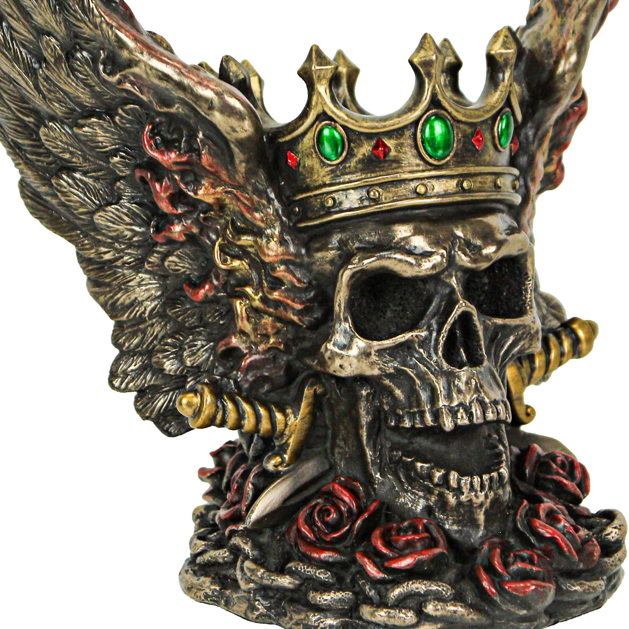 Alt View 4. Veronese Design - Bronze Finish Screaming Monarch Skull Statue With Flames and Wings 5.75 Inches High - Multicolored.