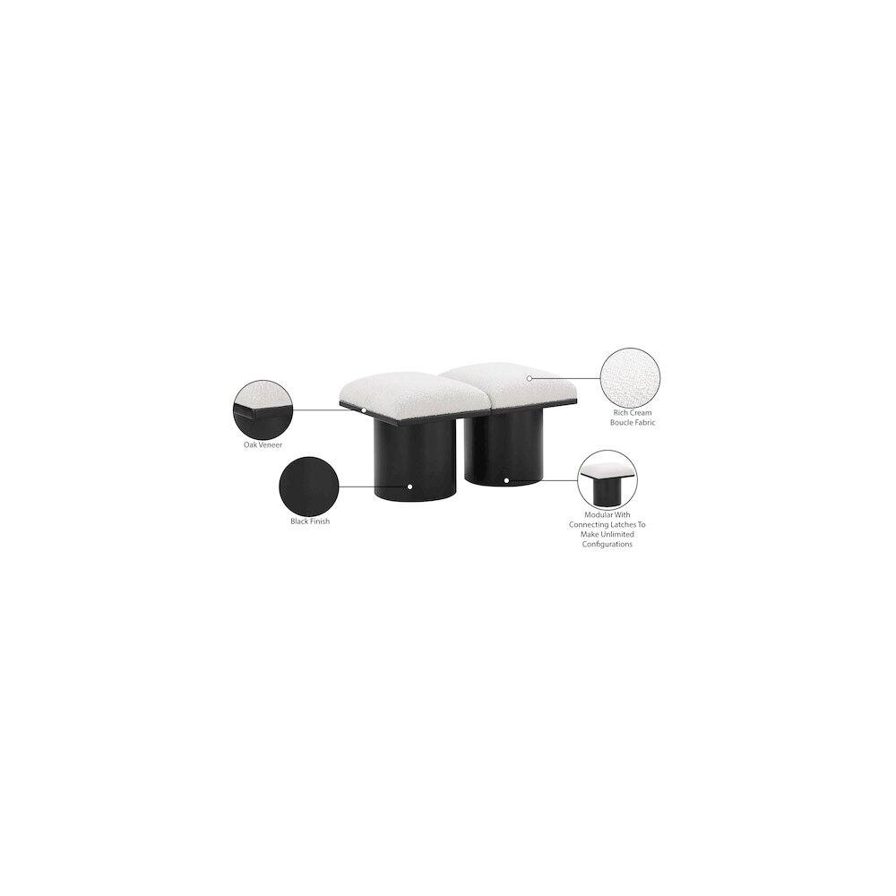 Rich Cream Boucle Fabric  
Oak Veneer  
Black Finish  
Modular With Connecting Latches To Make Unlimited Configurations