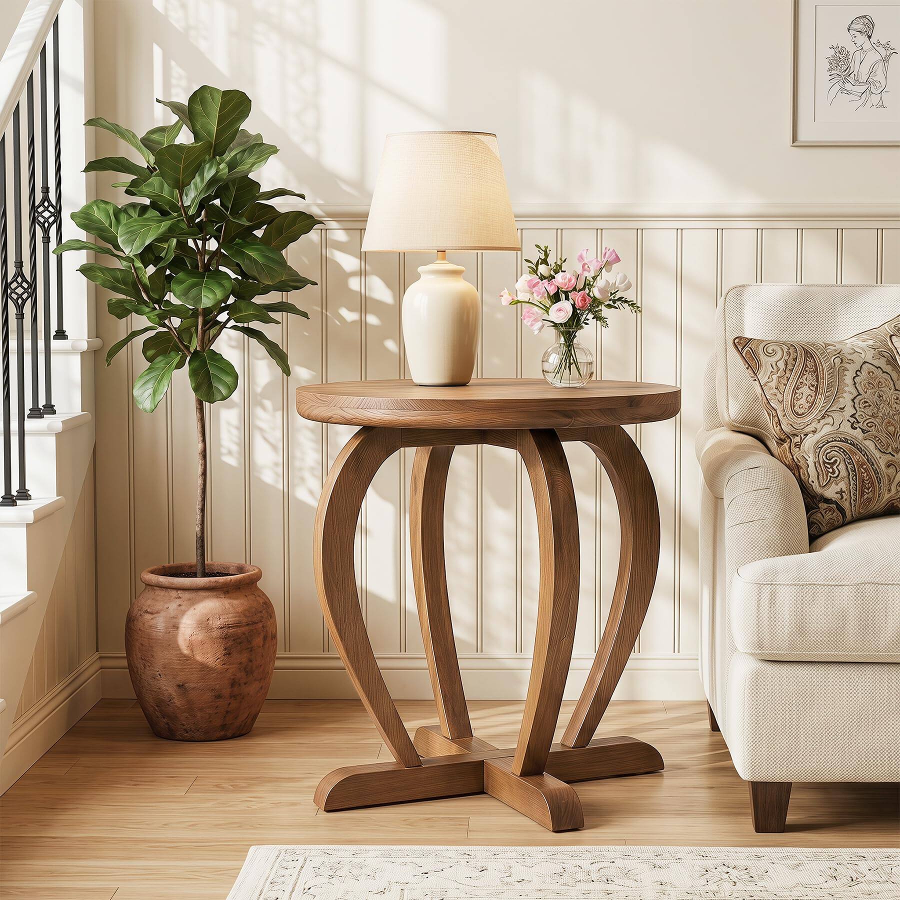 Tribesigns Round End Table, Solid Wood Rustic Bedside Accent Side Table ...