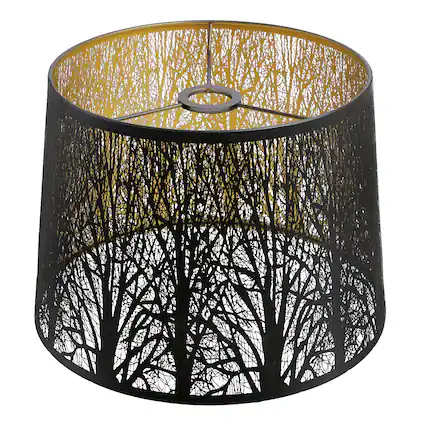 Front. Alucset - Metal Large Drum Lamp Shade Replacement for Table Floor Lamps, Black Exterior & Gold Interior, Etched Forest, UNO Fitter - Black & Gold.