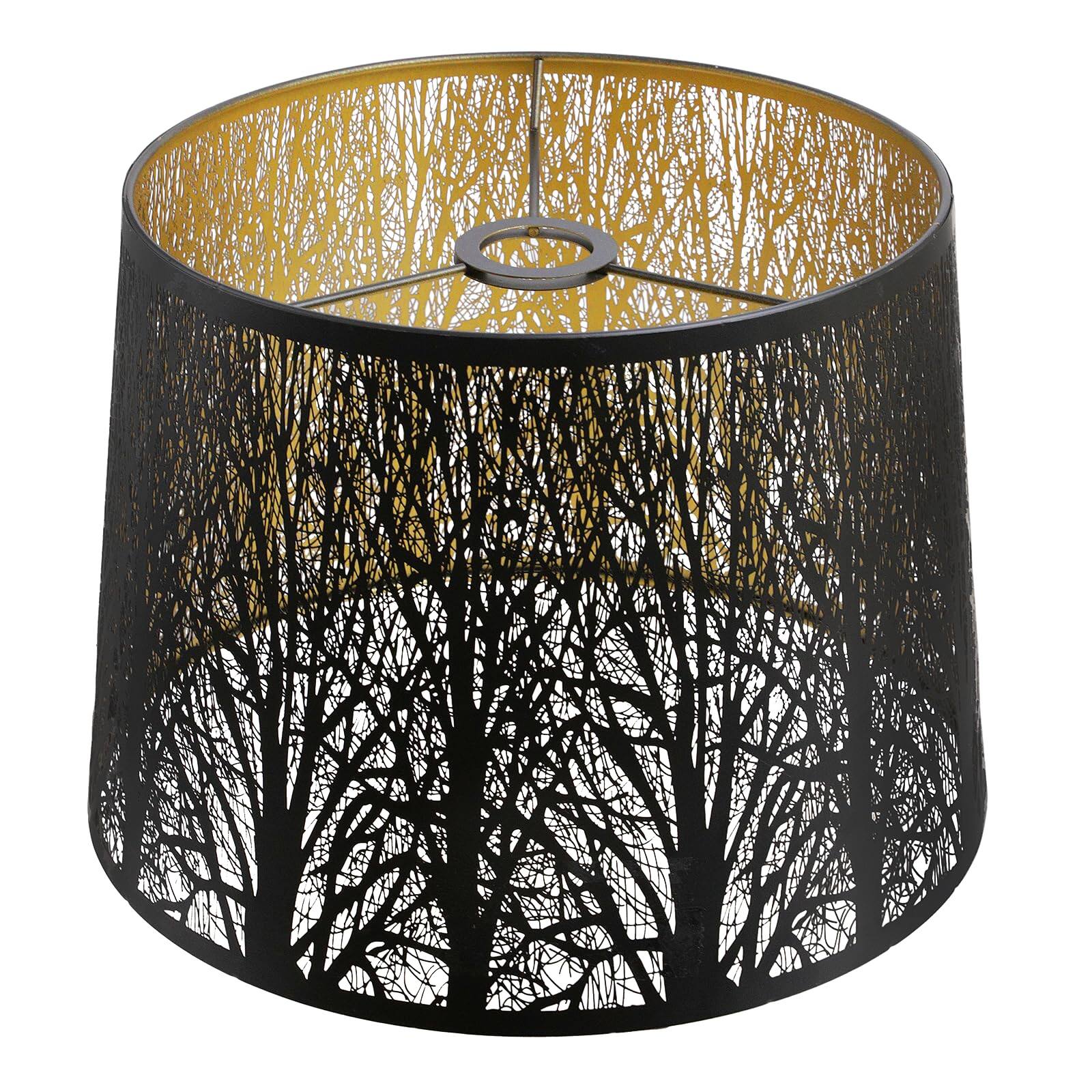 Front. Alucset - Metal Large Drum Lamp Shade Replacement for Table Floor Lamps, Black Exterior & Gold Interior, Etched Forest, UNO Fitter - Black & Gold.