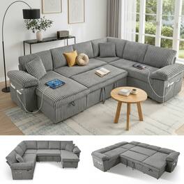 Tiramisubest - 108" Modular Sectional Sofa, Sectional Couch with Pull Out Couch Bed for Living Room (Light Grey) - Light Gray
