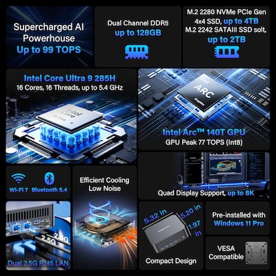 GEEKOM GT2 Mega AI Mini PC, Intel Core Ultra 9 285H, 32GB DDR5 GEEKOM GT2 Mega AI Mini PC, Intel Core Ultra 9 285H, 32GB DDR5